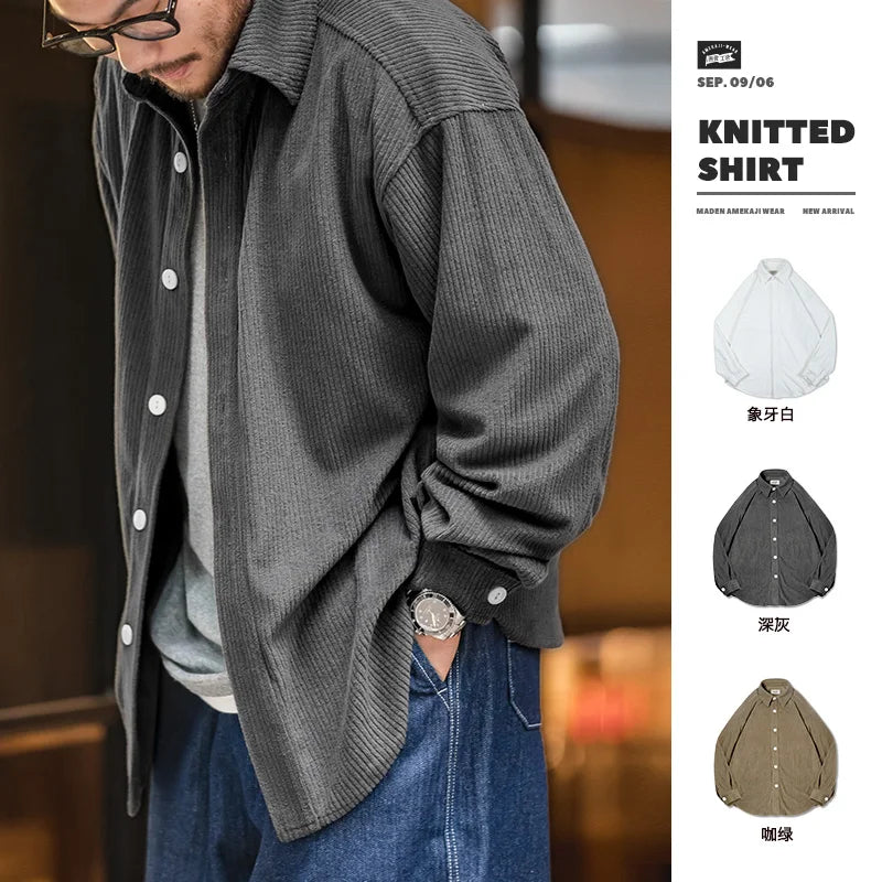 Herren Langarm Hemden Vintage Jacquard Übergroße Drop Shoulder Bluse Taschen