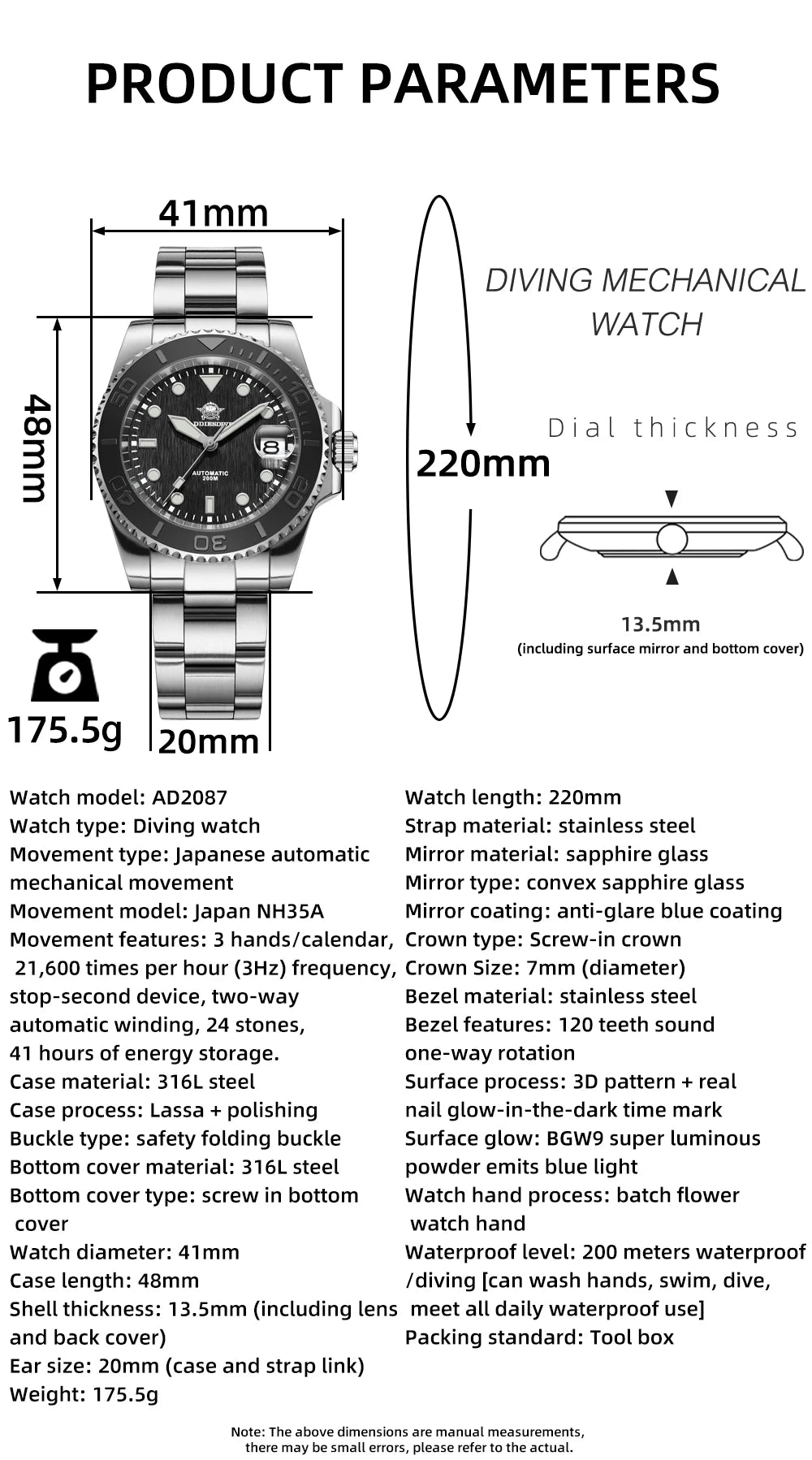 Herren-Taucheruhr mit gewoelbtem Saphirglas und NH35A-Automatikwerk