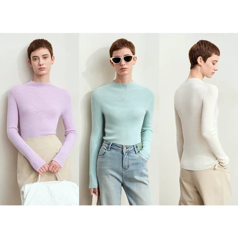 Damen-Strickpullover mit Halbrollkragen, Langarm, einfarbig in mehreren Farben (lila, mint, weiß).