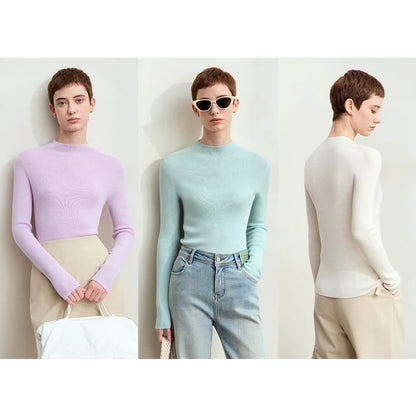 Damen-Strickpullover mit Halbrollkragen, Langarm, einfarbig in mehreren Farben (lila, mint, weiß).