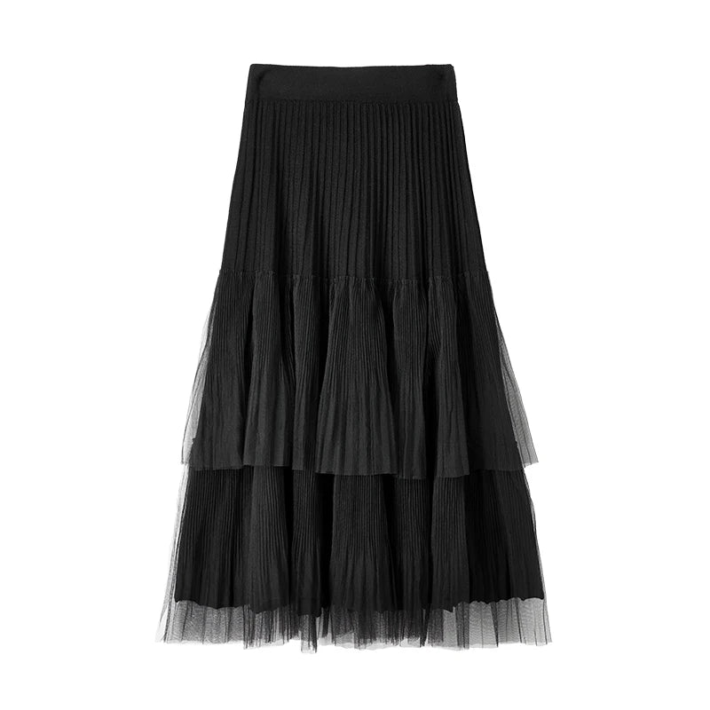 Damen A-Linien-Rock mit Plissee-Details im eleganten Patchwork-Mesh-Design