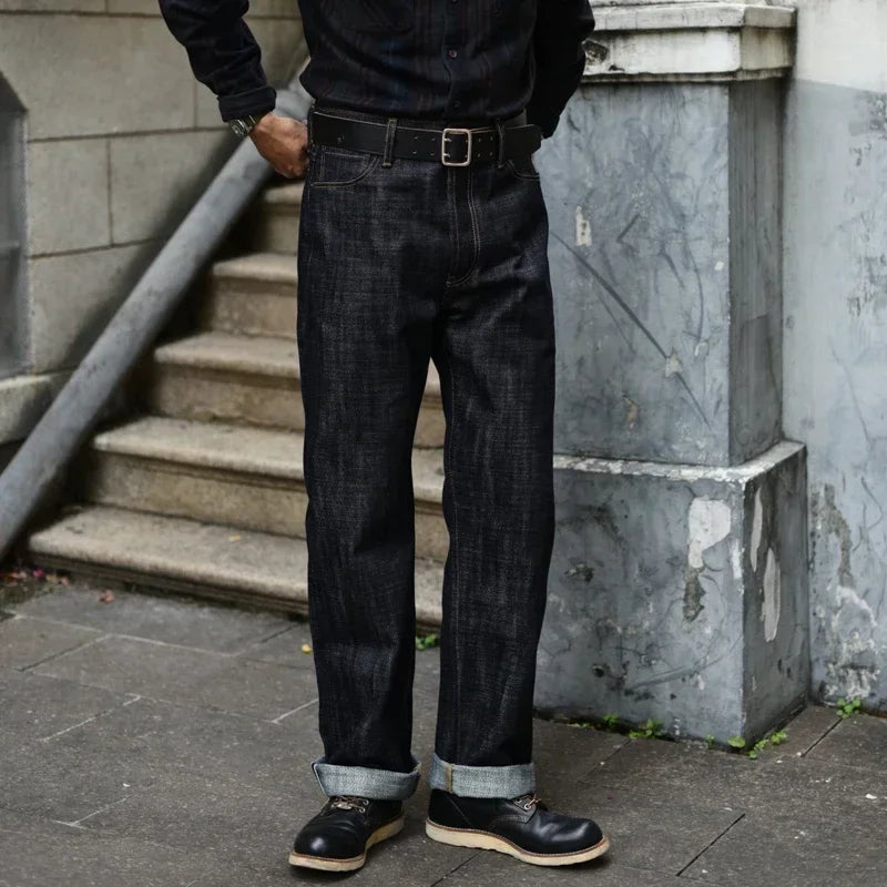 Herren Jeans im Vintage-Stil aus Selvedge Raw Denim mit Silber-überzogenen Knöpfen