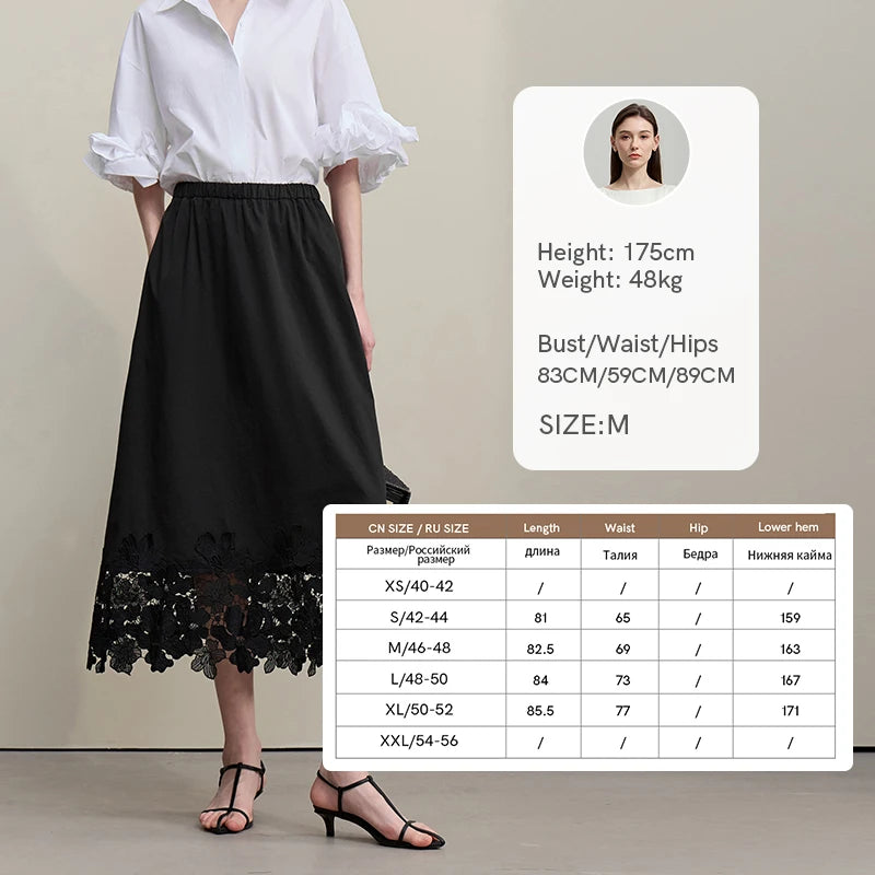 Schwarzer Midirock mit elastischem Bund, florale Spitzenbordüre am Saum