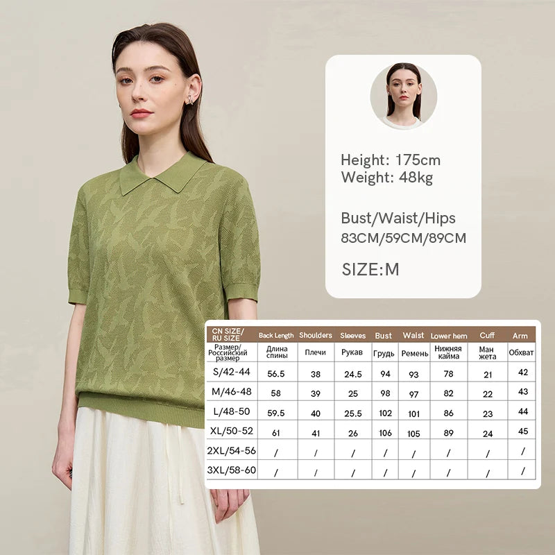 Damen-Strickpullover mit Reverskragen, kurze Ärmel, grüner Jacquard, locker
