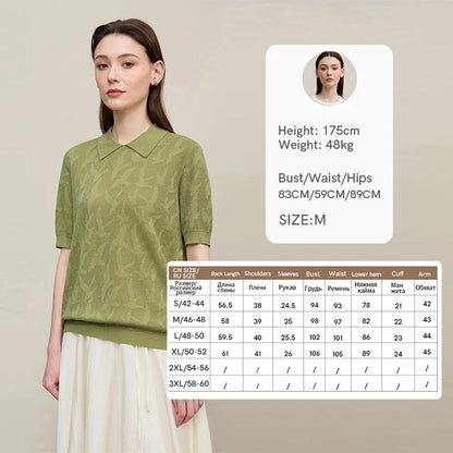Damen-Strickpullover mit Reverskragen, kurze Ärmel, grüner Jacquard, locker