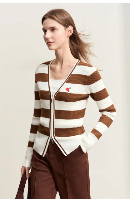 Damen-Strickjacke Kaschmir-Wolle Slim Streifen Reißverschluss Herbst