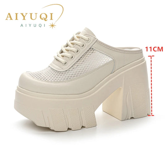 AIYUQI Hausschuhe Frauen High Heel 2025 Neue Sommer Closed Toe Frauen Hausschuhe 11 cm Höhe Mesh Plattform Hausschuhe Frauen