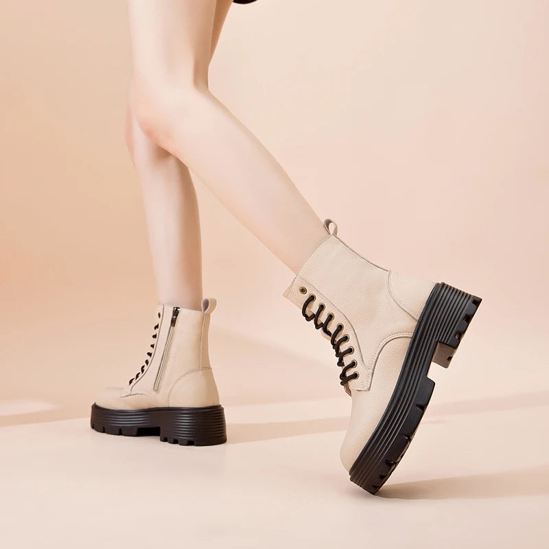 Damen-Ankle-Boots aus Leder, hellbeige, Schnürung, hoher Profilabsatz