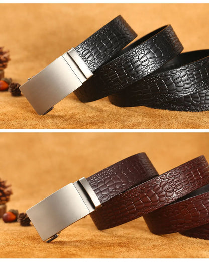 Herren Echtleder-Gürtel Krokodilmuster 3,5 cm Automatik-Schnalle Luxus Rindsleder