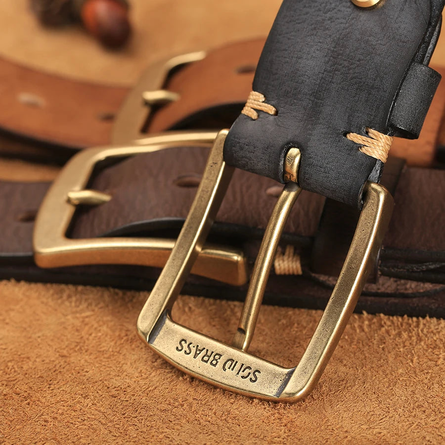 Herren Echtleder-Gürtel Vintage Kupferschnalle Handgemacht Rindsleder Jeans 3,8 cm