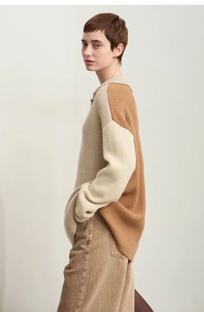 Damen V-Ausschnitt Pullover Patchwork Raglan locker Herbst-Winter
