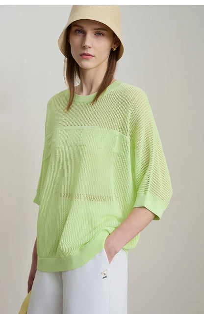 Damen-Strickpullover mit Rundhalsausschnitt, kurzärmelig, hellgrün, weite Ärmel, luftige Struktur