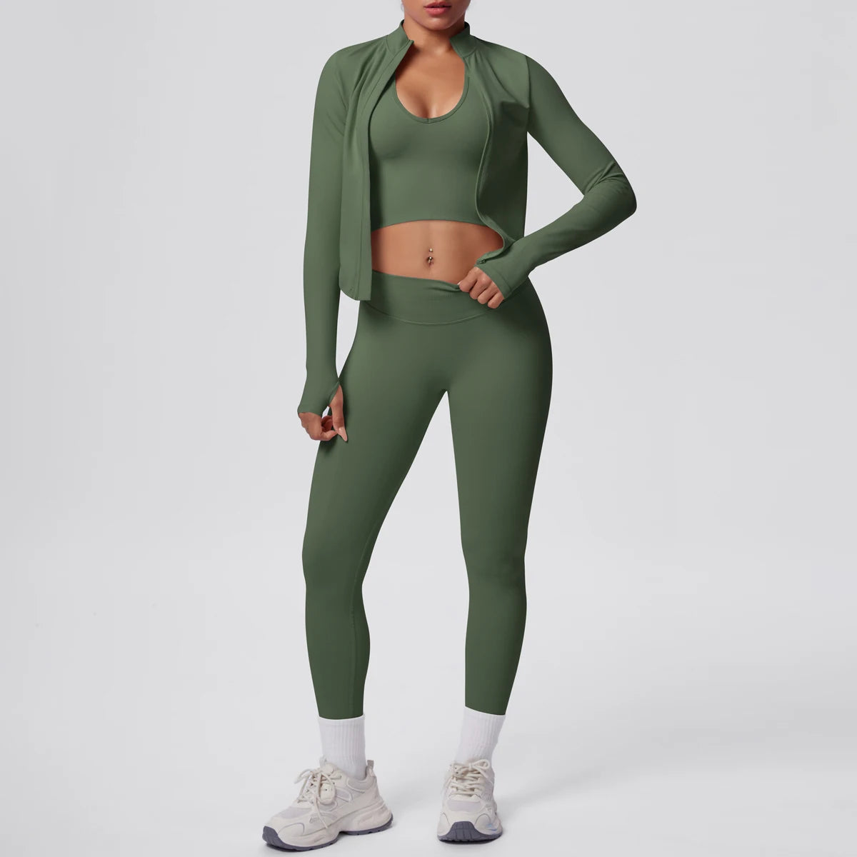 Yoga-Set: Push-up-Top & High-Waist-Leggings mit Langarmjacke, Olivgrün