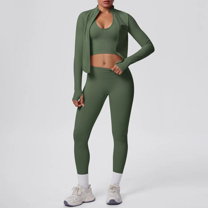 Yoga-Set: Push-up-Top & High-Waist-Leggings mit Langarmjacke, Olivgrün