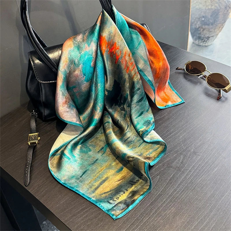 Damen Seidenschal 53cm quadratisch bedruckt Satin Hijab Bandana Halstuch Luxus