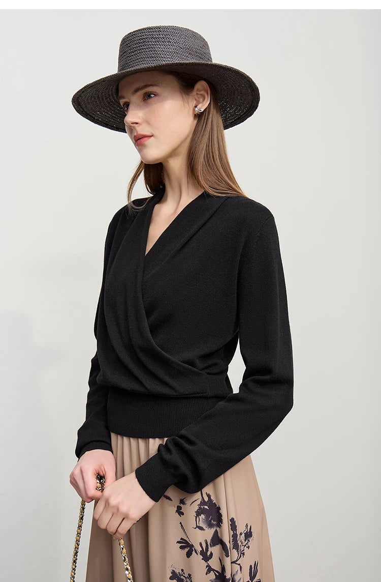 Damen-Strickpullover mit V-Ausschnitt, Langarm, schwarz