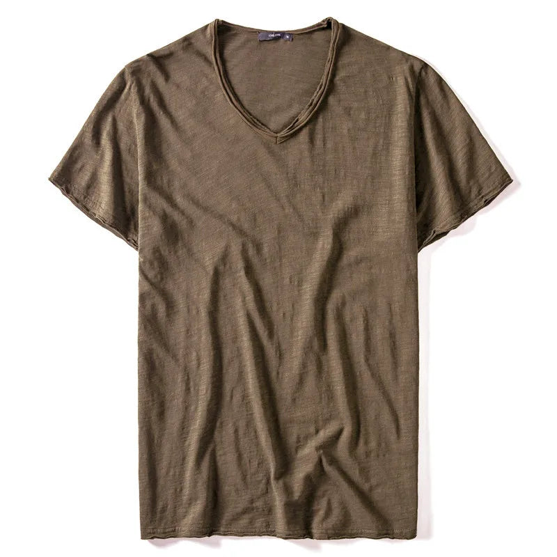 Herren-T-Shirt aus Baumwolle mit V-Ausschnitt, camelbraun