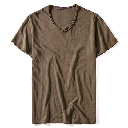 Herren-T-Shirt aus Baumwolle mit V-Ausschnitt, camelbraun