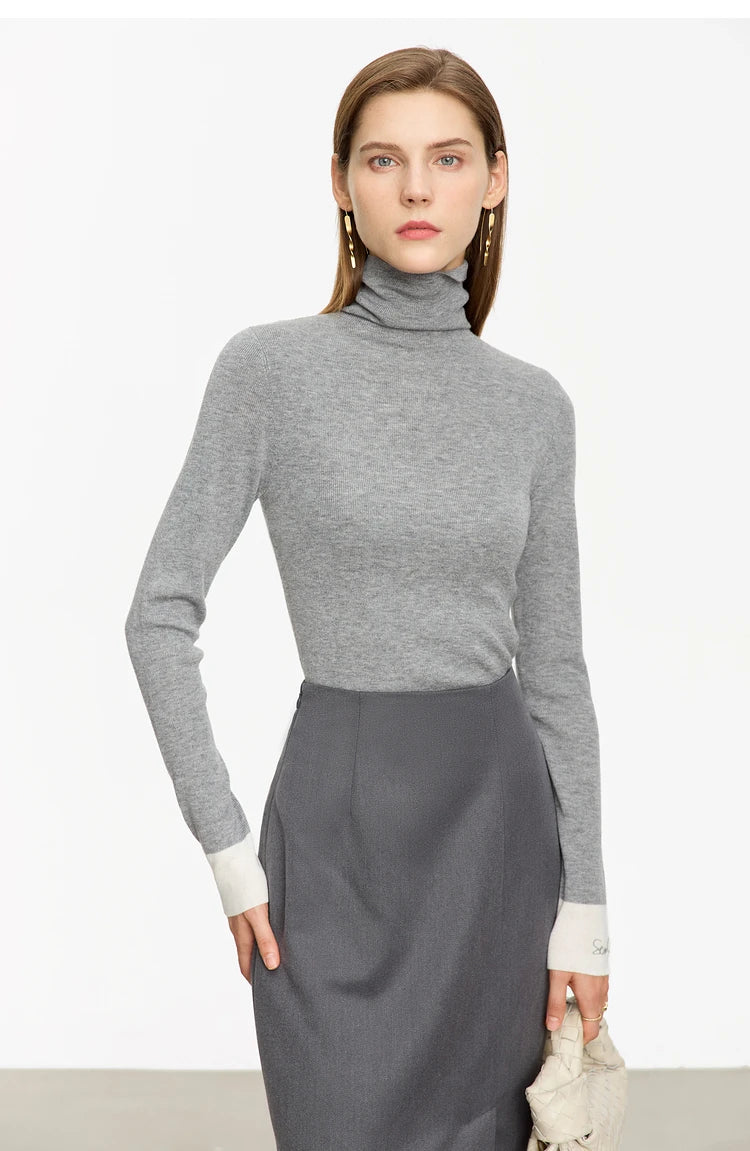 Damen-Rollkragenpullover Wolle Slim Patchwork-Splicing Herbst-Winter