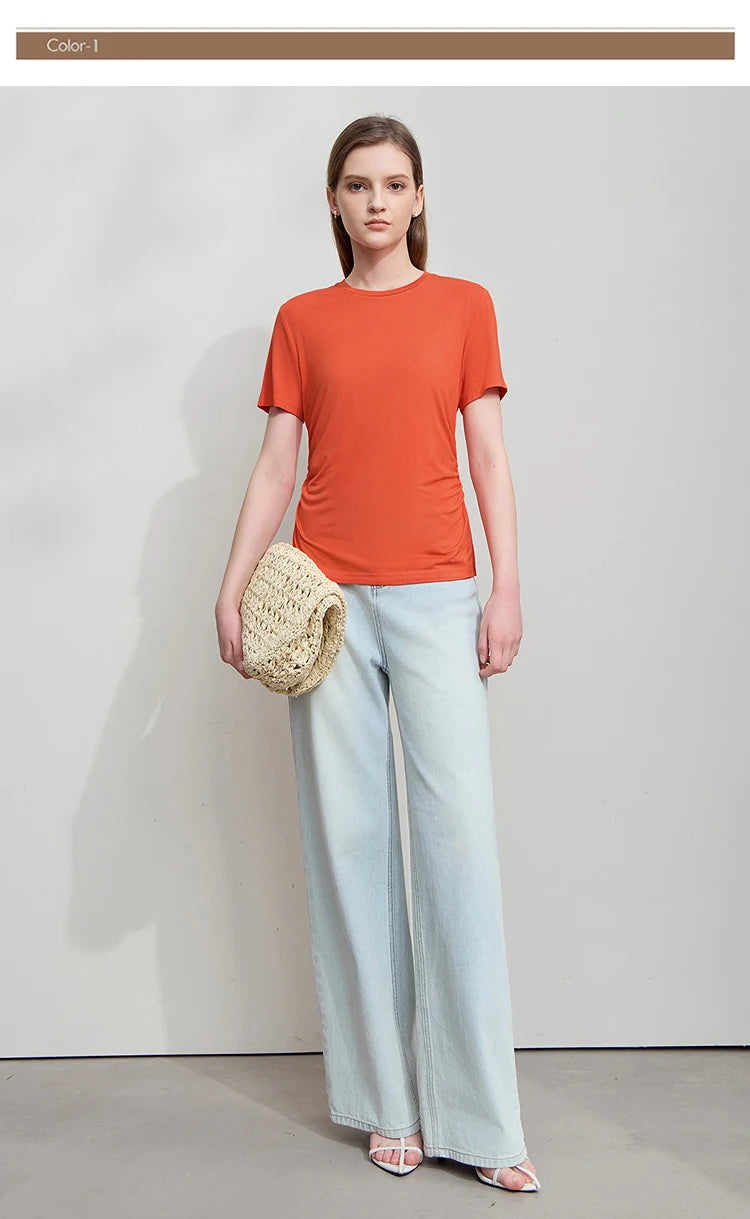 Damen Sommer-T-Shirt im minimalistischen Stil mit schmalem O-Ausschnitt und kurzen Ärmeln