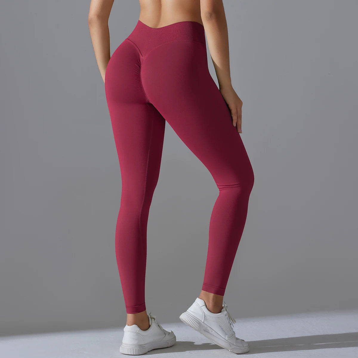 Nahtlose Yoga-Hose für Damen, hohe Taille, weinrot, eng anliegend