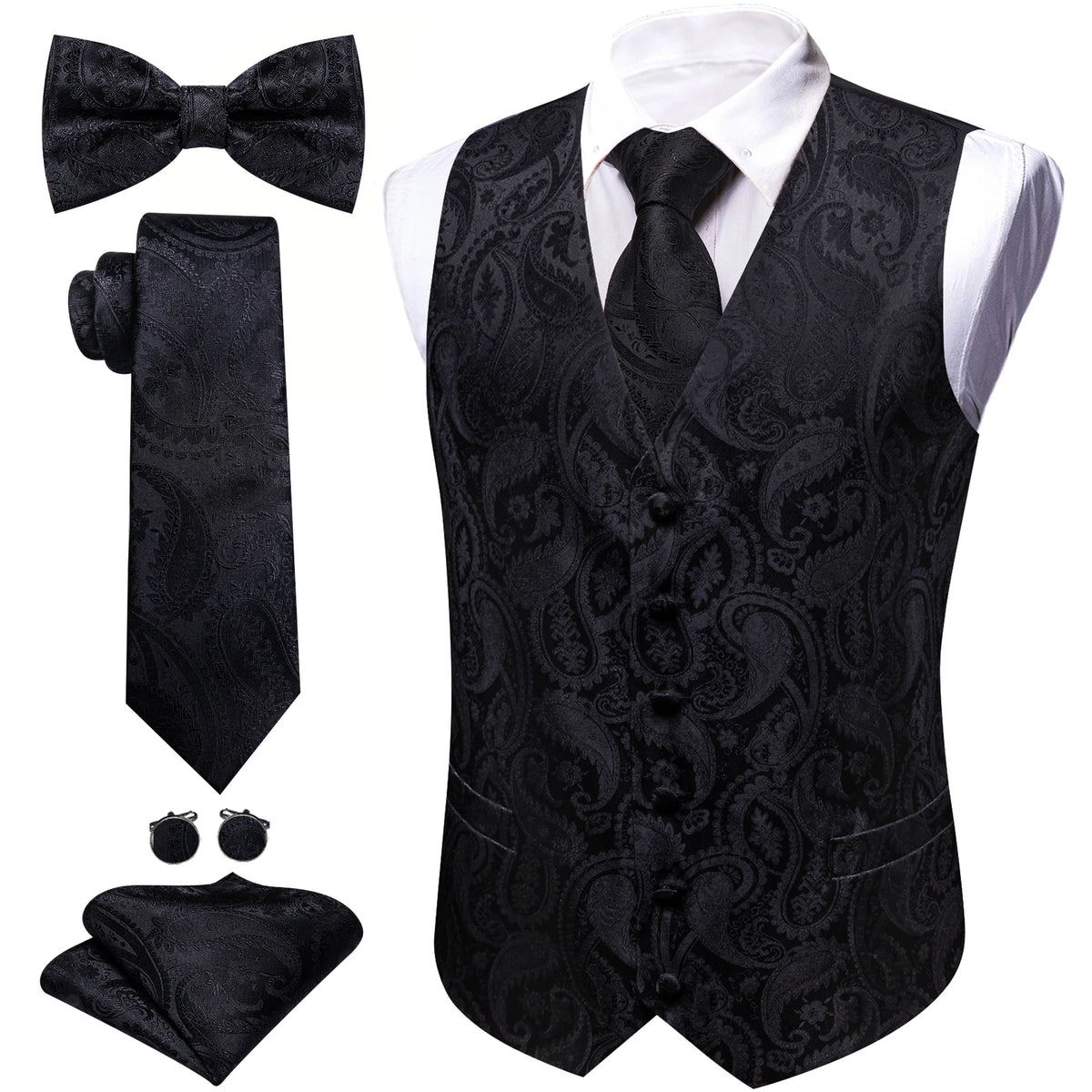 5-teiliges Business-Set: Anzugweste mit Paisley in Schwarz, dazu Krawatte, Fliege & Einstecktuch.