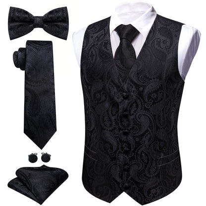 5-teiliges Business-Set: Anzugweste mit Paisley in Schwarz, dazu Krawatte, Fliege & Einstecktuch.