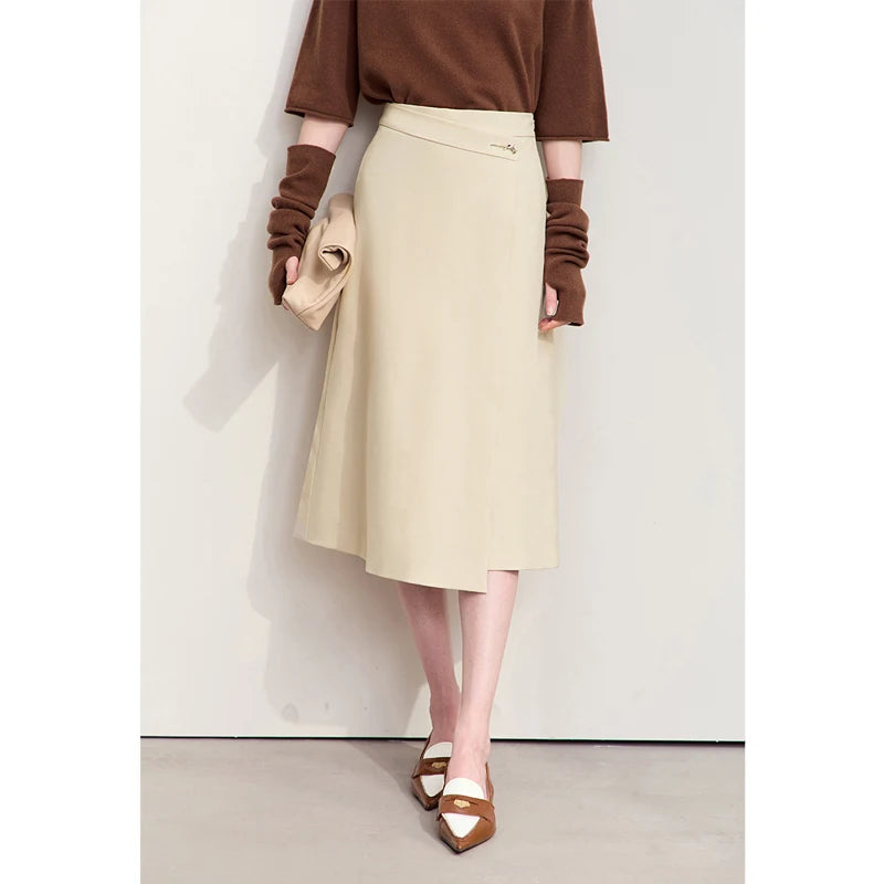 Midi-A-Linienrock hellkhaki mit sichtbarer Frontnaht und schmalem Bund