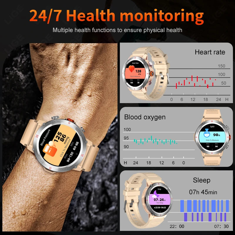 LIGE 2025 Neue männer Smartwatch Taschenlampe Herzfrequenz Blutdruck Gesundheit Überwachung Wasserdichte Intelligente Uhr Für Android IOS
