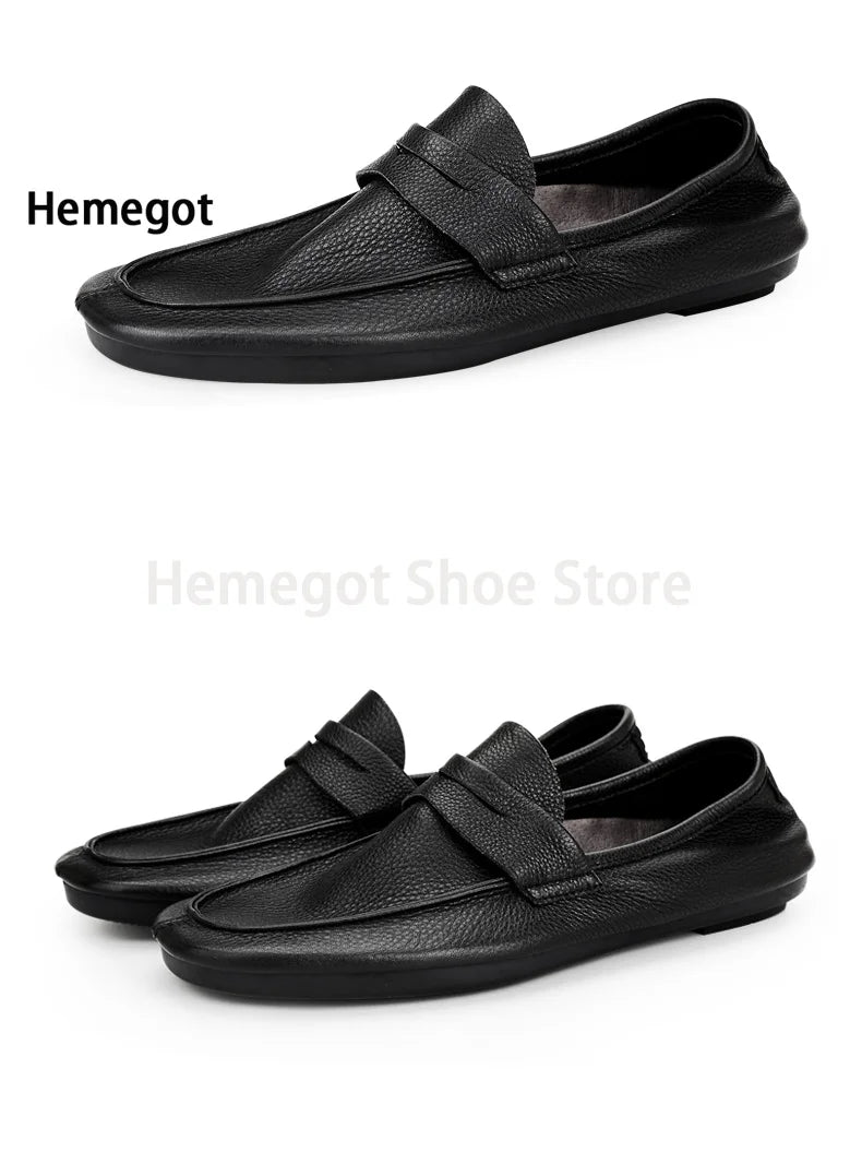 Schwarze Herren-Slipper aus Leder mit Schlupfverschluss und flacher Sohle