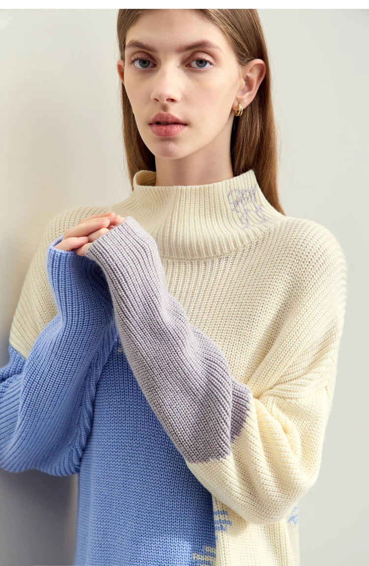Damen-Rollkragenpullover Stickerei locker Winter Wolle-Mix