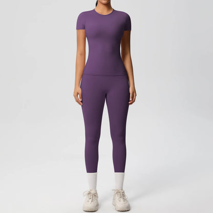 Sport-Crop-Top und Leggings im Set, violett, kurzarm, eng anliegend