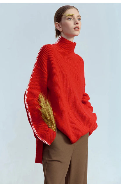 Damen-Rollkragenpullover Wolle Stickerei locker Weihnachten Winter