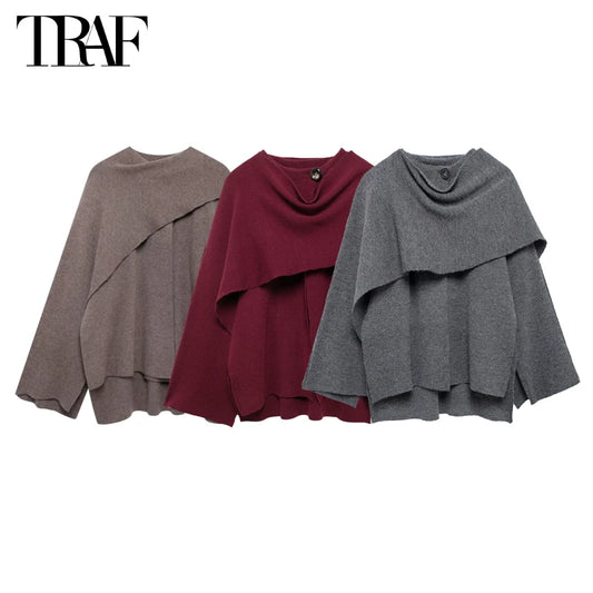 Damen-Poncho mit Kapuze und großer Schleife – Weicher, doppelter Strick für Herbst und Winter in 3 Farben