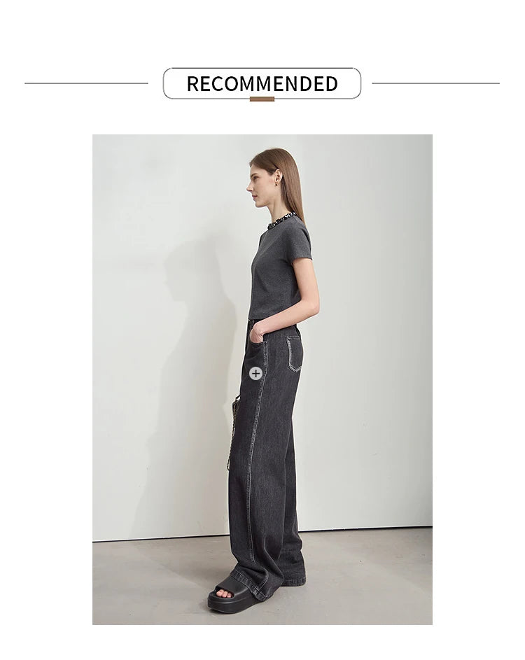 Damen Kurz-T-Shirt im minimalistischen Stil mit elastischen Perlen und Pailletten-Dekoration