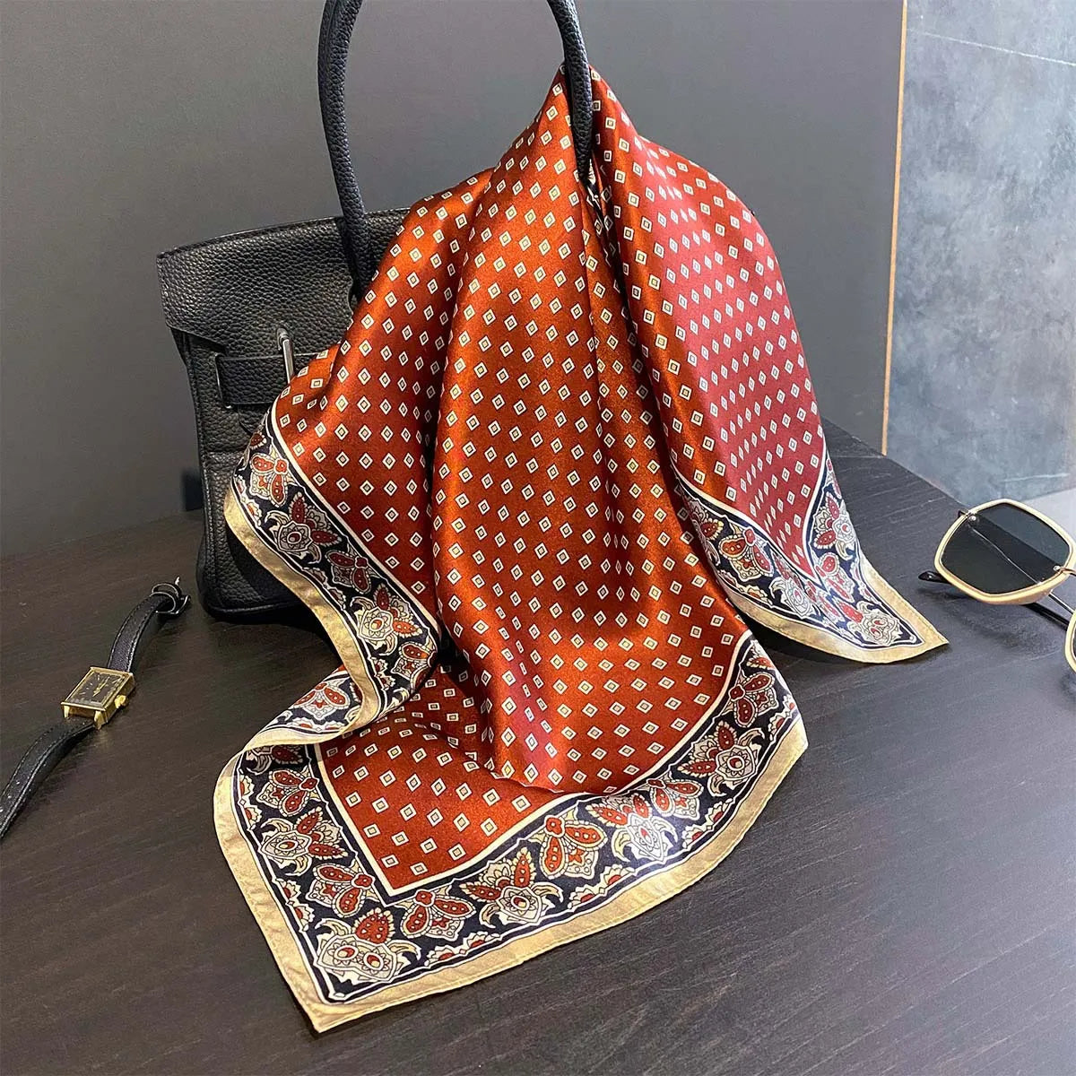 Damen Seidenschal quadratisch Blumenprint Luxus Halstuch Bandana 53cm