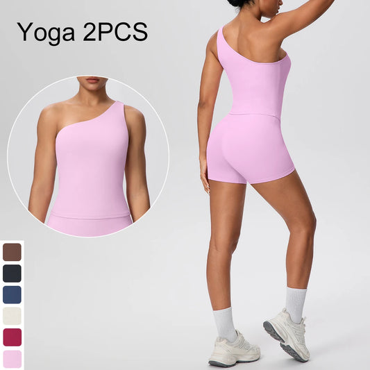 Yoga-Set mit stabilem BH-Top und Shorts, einarmiger Schnitt, hellrosa, eng anliegend