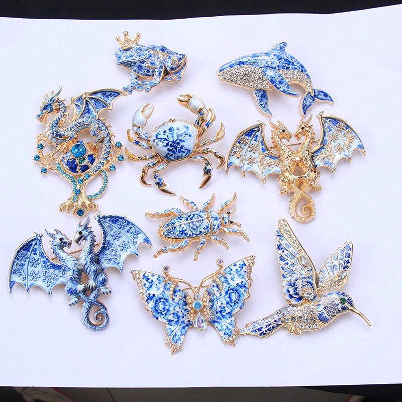 Brosche Emaille Porzellan Drache Schmetterling Frosch Krabbe Tier Reversnadel