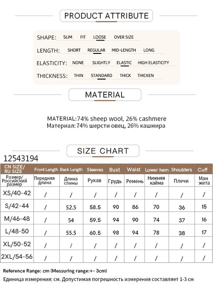 Größentabelle und Materialangaben für Damenpullover (Wolle und Cashmere)