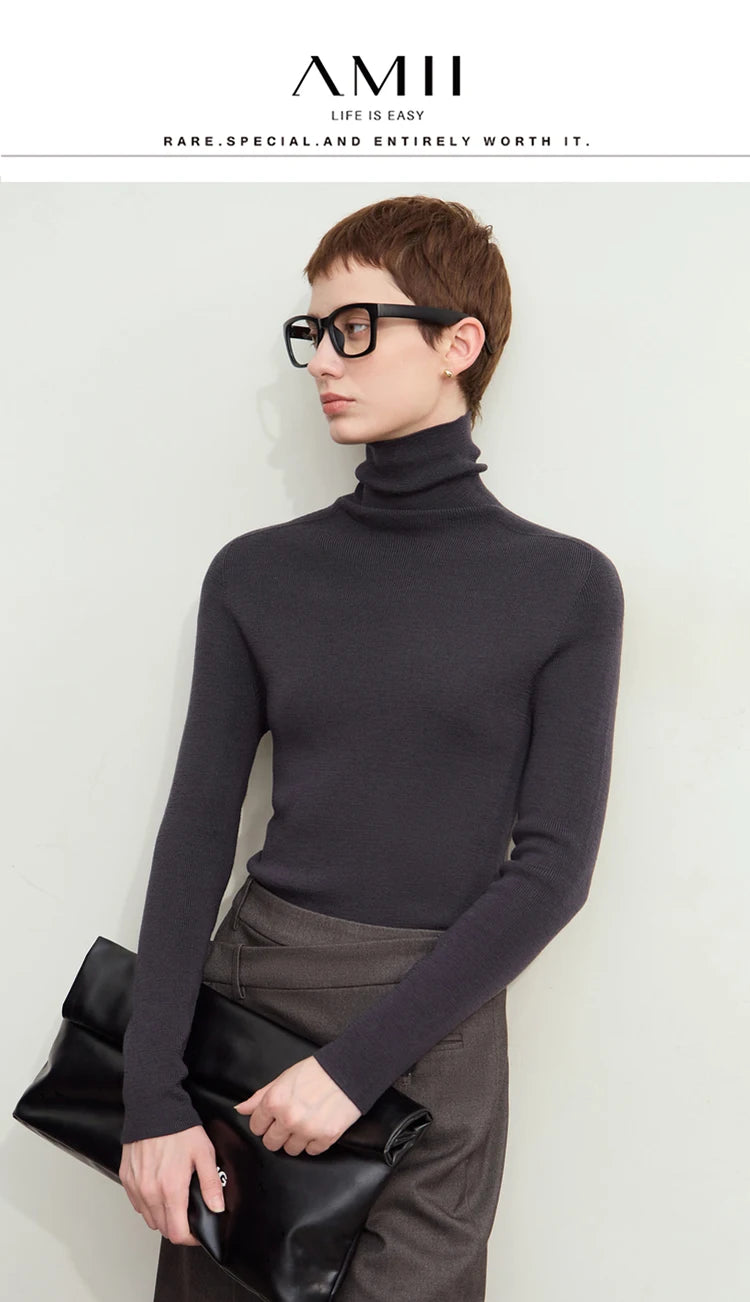 Damen-Rollkragenpullover 100 % Wolle Kammgarn schlank Winter