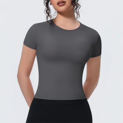 Damen Fitness-T-Shirt kurzarm, dunkelgrau, Rundhalsausschnitt, körpernah
