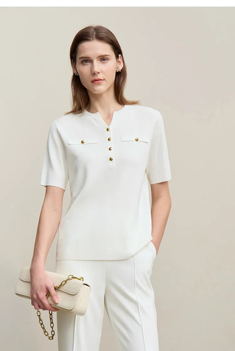 Kurzärmeliger Pullover mit Halbknopfleiste, weiß/offwhite, Knopfleiste mit Zierdetails