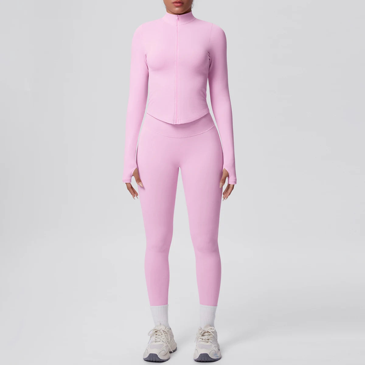 Rosa Yoga-Set mit Reißverschluss-Longsleeve und Leggings, hohe Taille