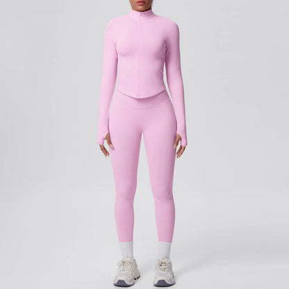 Rosa Yoga-Set mit Reißverschluss-Longsleeve und Leggings, hohe Taille