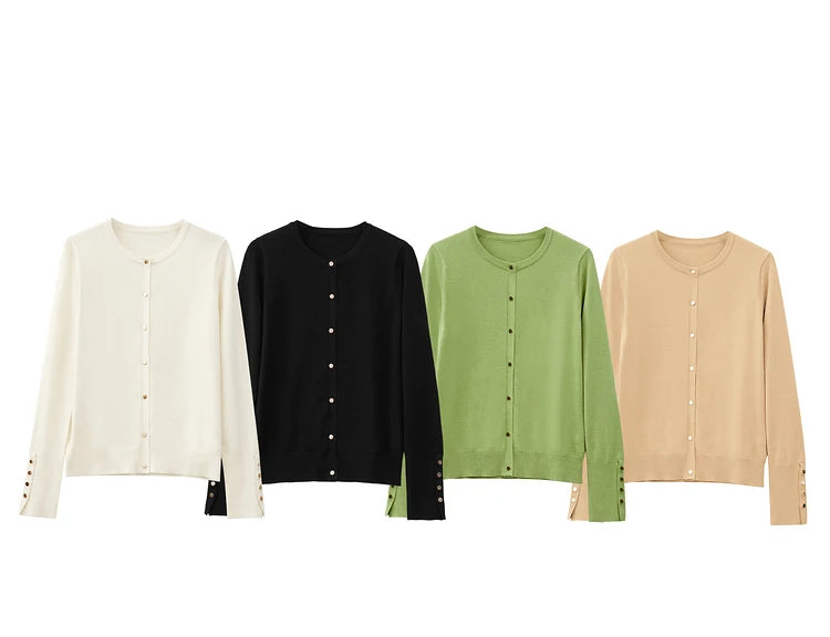 Damen-Strickjacke Rundhals Wolle Metallknopf französisch Büro Frühling