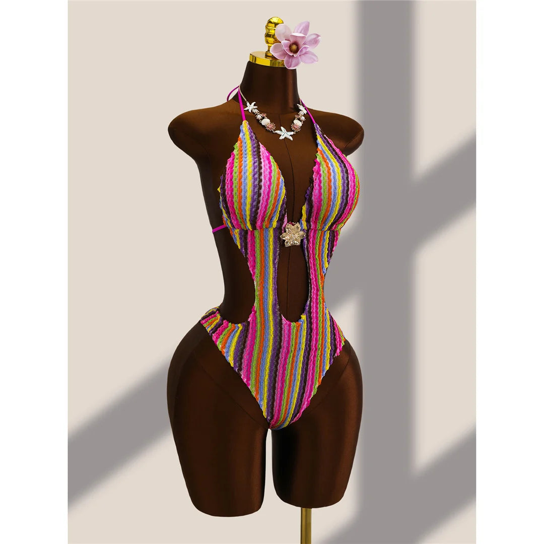Damen Badeanzug gestreift bunt Neckholder Cut-Out hoher Beinausschnitt Monokini