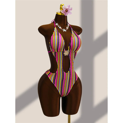 Damen Badeanzug gestreift bunt Neckholder Cut-Out hoher Beinausschnitt Monokini
