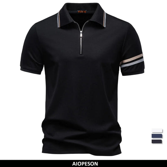 Leichtes Herren-Poloshirt mit kurzem Halbreißverschluss, schwarzer Stoff, gestreifte Ärmel