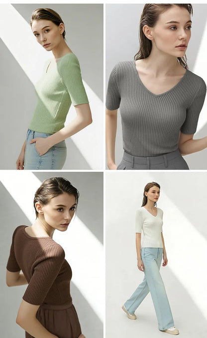 Damen V-Ausschnitt Pullover gerippt Kurzarm Viskose Büro Sommer