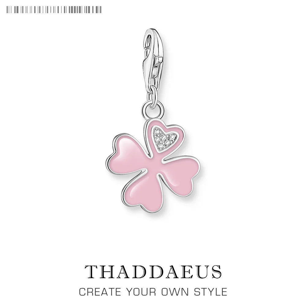Damen-Charm-Anhänger rosa Kleeblatt weißer Stein Glück aus Sterlingsilber